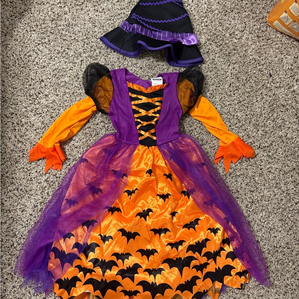 Girls Witch Costume Dress with Hat and Broomstick